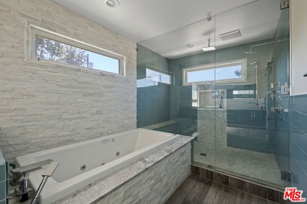 Bathroom, Glass Shower, Interior, Recessed Lighting, Wood Texture Flooring