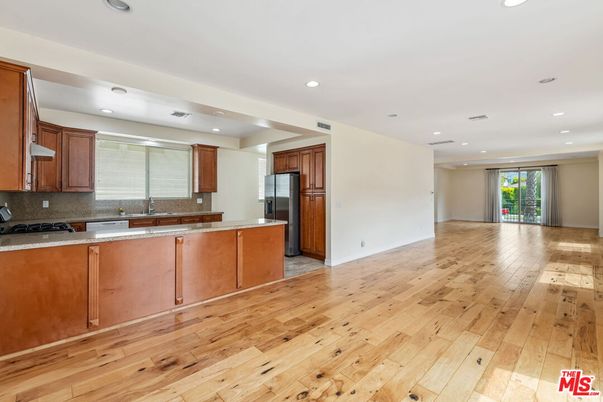 Empty room, Interior, Kitchen, Recessed Lighting, Wood Texture Flooring