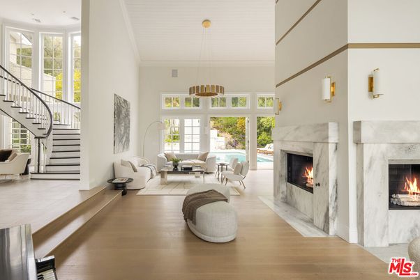 Fireplace, Interior, Living room, Pendant Lights, Wood Texture Flooring