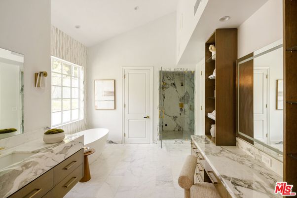 Bathroom, Dual Sink Vanities, Free Standing Baths, Glass Shower, Interior, Marble, Marble Walls, Recessed Lighting