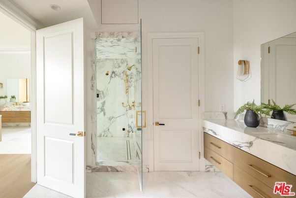Bathroom, Glass Shower, Interior, Marble, Marble Walls, Recessed Lighting, Wood Texture Flooring