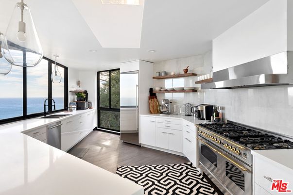 Interior, Kitchen, Recessed Lighting, Stainless Steel Appliances, Water, Wood Texture Flooring