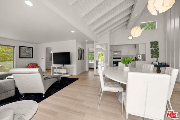 Dining room, Interior, Kitchen, Living room, Recessed Lighting, Stainless Steel Appliances, Wood Texture Flooring