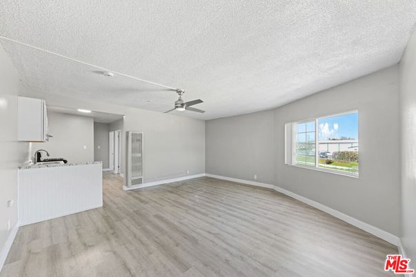 Empty room, Interior, Kitchen, Recessed Lighting, Wood Texture Flooring