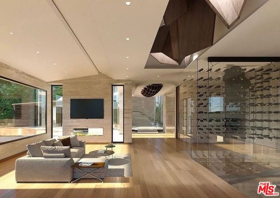 Fireplace, Interior, Living room, Recessed Lighting, Stone Walls, Wine Storage, Wood Texture Flooring