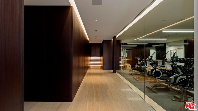 Fitness Equipment, Interior, Recessed Lighting, Wood Texture Flooring, Wooden Walls
