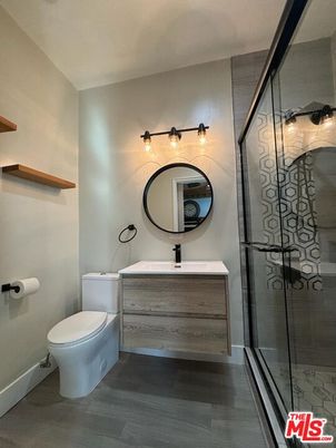 Bathroom, Glass Shower, Interior, Wood Texture Flooring