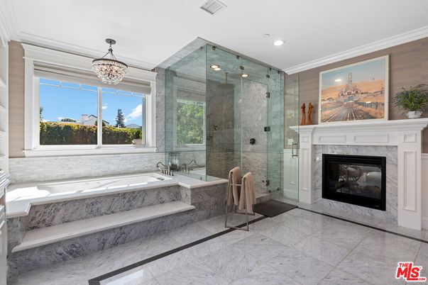 Bathroom, Chandelier, Fireplace, Glass Shower, Interior, Marble, Recessed Lighting