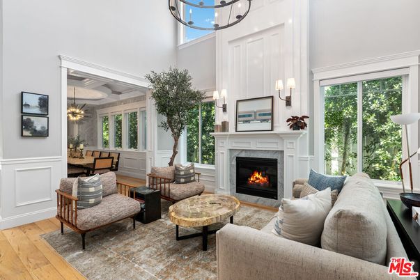 Fireplace, Interior, Living room, Pendant Lights, Wood Texture Flooring