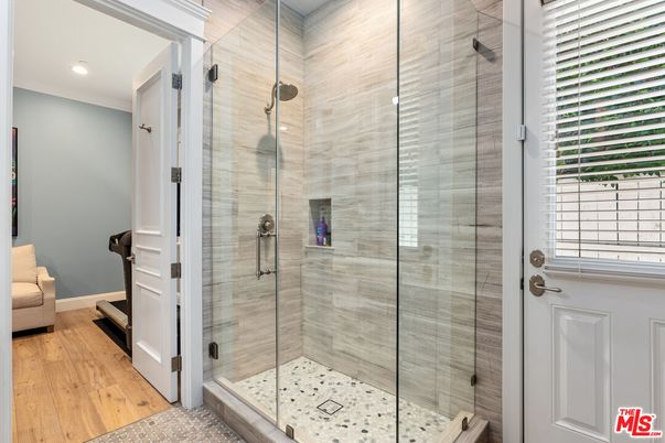 Bathroom, Glass Shower, Interior, Recessed Lighting, Wood Texture Flooring