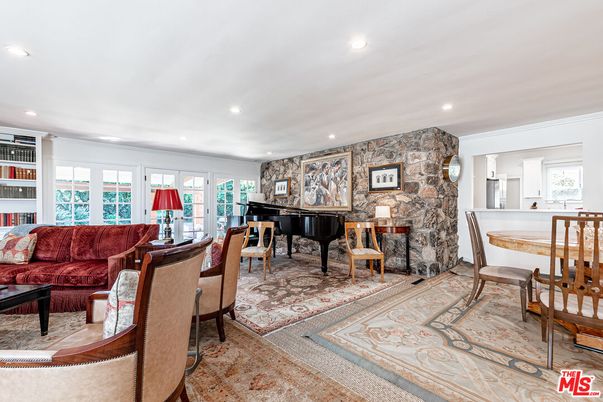 Dining room, Interior, Living room, Piano, Recessed Lighting, Stone Walls