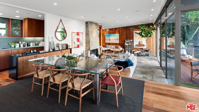 Dining room, Fireplace, Interior, Living room, Recessed Lighting, Wood Texture Flooring, Wooden Walls