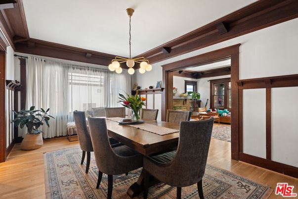 Dining room, Interior, Pendant Lights, Wood Texture Flooring