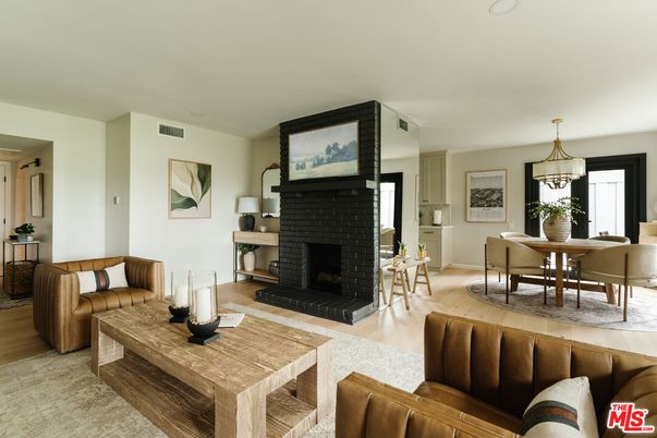 Dining room, Fireplace, Interior, Living room, Pendant Lights, Wood Texture Flooring