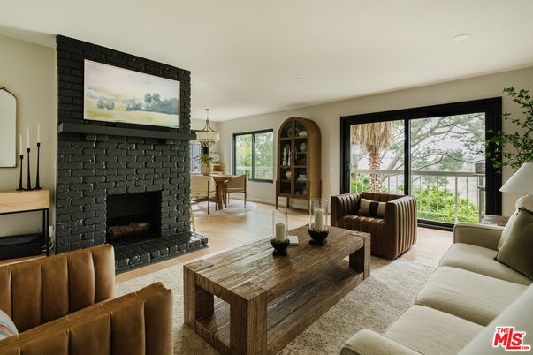 Dining room, Fireplace, Interior, Living room, Pendant Lights, Recessed Lighting, Wood Texture Flooring