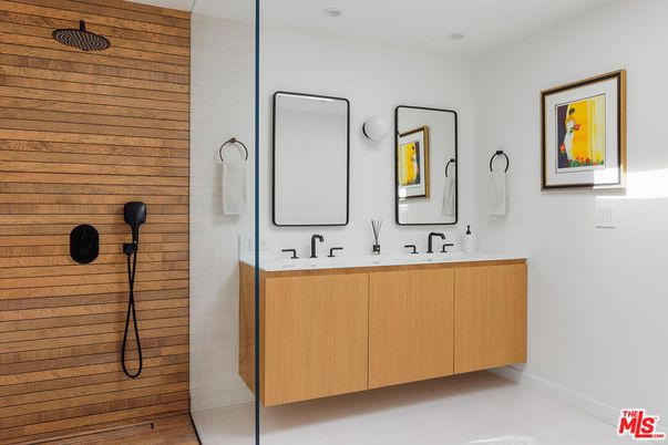 Bathroom, Dual Sink Vanities, Interior, Recessed Lighting, Wooden Walls