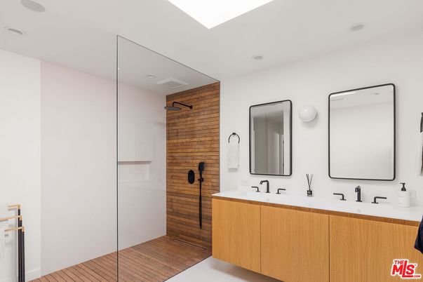 Bathroom, Dual Sink Vanities, Interior, Recessed Lighting, Wood Texture Flooring, Wooden Walls