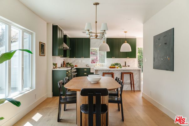 Dining room, Interior, Kitchen, Pendant Lights, Wood Texture Flooring