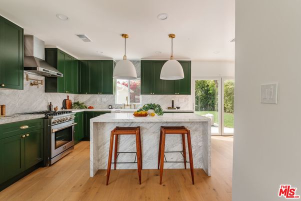 Interior, Kitchen, Marble Walls, Pendant Lights, Recessed Lighting, Stainless Steel Appliances, Wood Texture Flooring