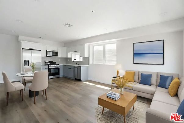 Dining room, Interior, Kitchen, Living room, Recessed Lighting, Stainless Steel Appliances, Wood Texture Flooring