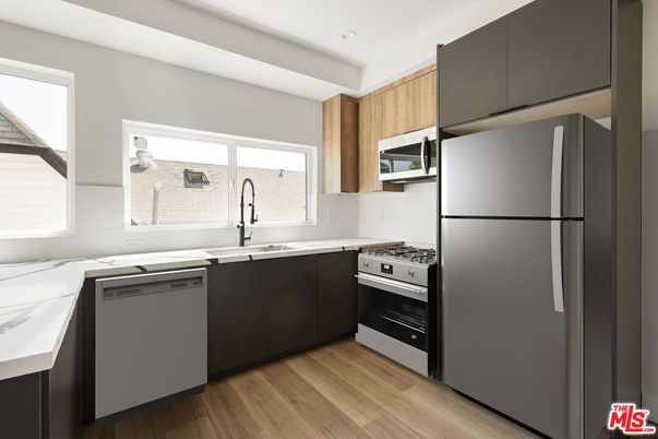 Interior, Kitchen, Recessed Lighting, Stainless Steel Appliances, Wood Texture Flooring