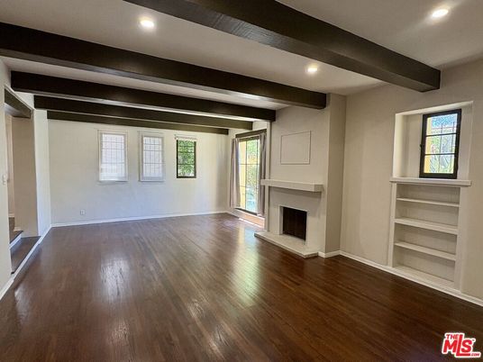 Empty room, Fireplace, Interior, Recessed Lighting, Wooden Beams, Wood Texture Flooring
