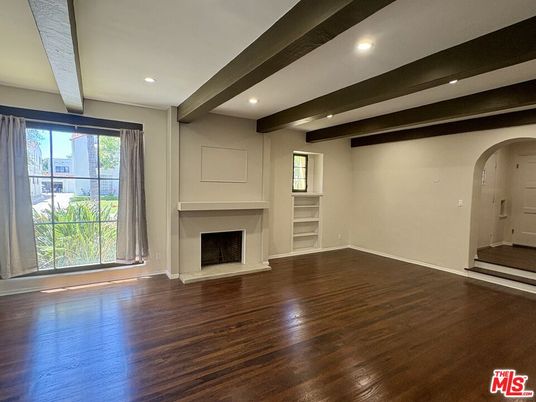Empty room, Fireplace, Interior, Recessed Lighting, Wooden Beams, Wood Texture Flooring