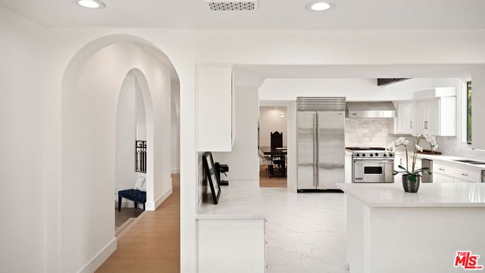 Interior, Kitchen, Marble, Recessed Lighting, Stainless Steel Appliances, Wood Texture Flooring