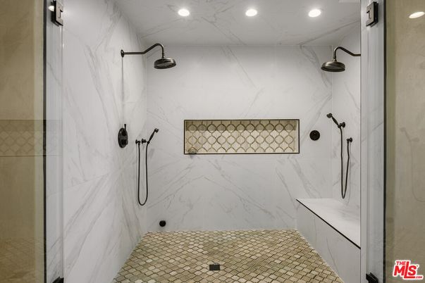 Bathroom, Glass Shower, Interior, Marble Walls, Recessed Lighting