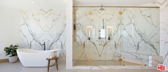 Bathroom, Free Standing Baths, Glass Shower, Interior, Marble Walls, Recessed Lighting