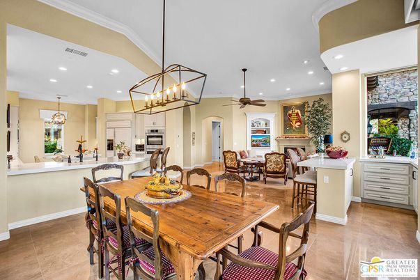 Chandelier, Dining room, Fireplace, Interior, Kitchen, Pendant Lights, Recessed Lighting, Stainless Steel Appliances