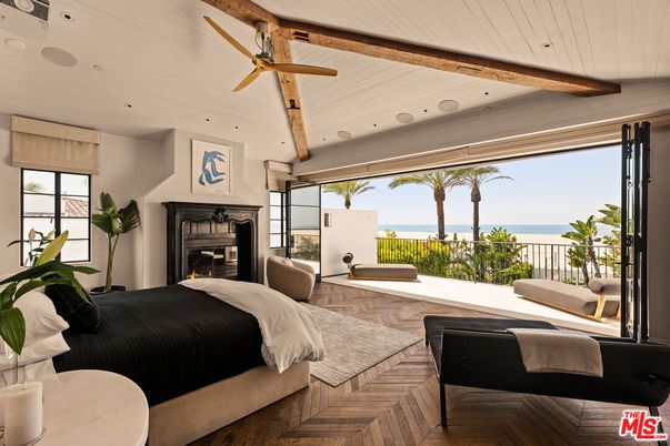 Bedroom, Fireplace, Interior, Recessed Lighting, Water, Wooden Beams, Wood Texture Flooring