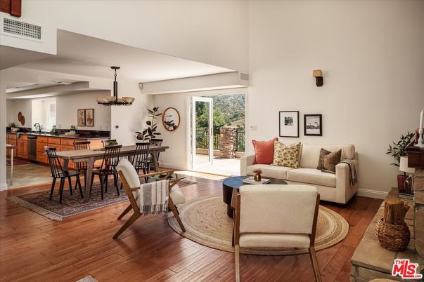 Dining room, Interior, Living room, Pendant Lights, Wood Texture Flooring