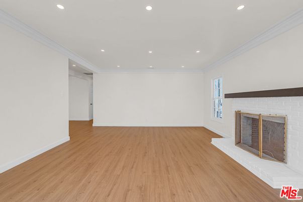 Empty room, Fireplace, Interior, Recessed Lighting, Wood Texture Flooring