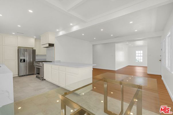 Interior, Kitchen, Recessed Lighting, Stainless Steel Appliances, Wood Texture Flooring