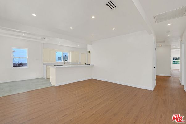 Empty room, Interior, Kitchen, Recessed Lighting, Wood Texture Flooring