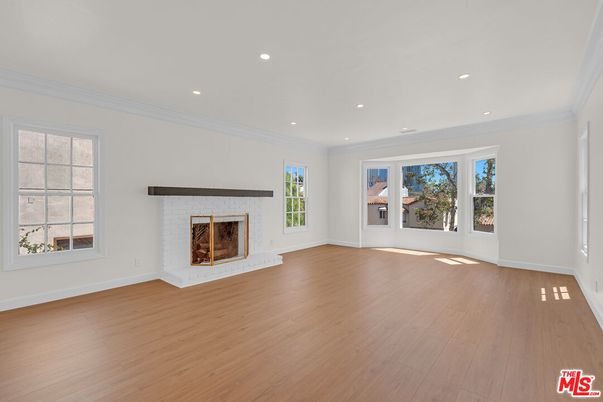 Empty room, Fireplace, Interior, Recessed Lighting, Wood Texture Flooring