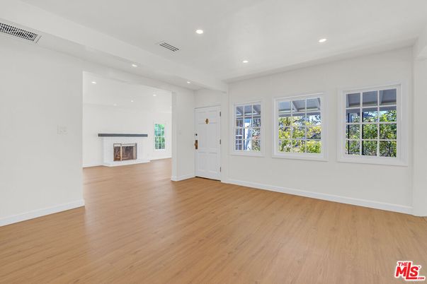 Empty room, Fireplace, Interior, Recessed Lighting, Wood Texture Flooring
