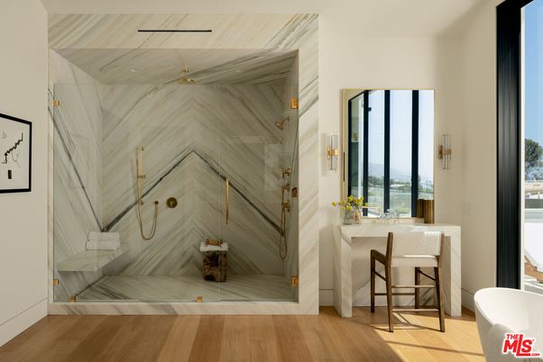 Bathroom, Interior, Marble Walls, Wood Texture Flooring