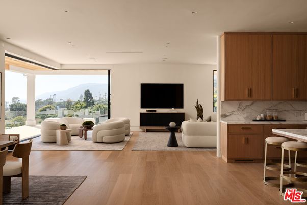 Interior, Living room, Marble Walls, Recessed Lighting, Wood Texture Flooring