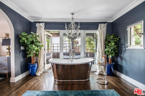 Bathroom, Chandelier, Free Standing Baths, Interior, Wood Texture Flooring