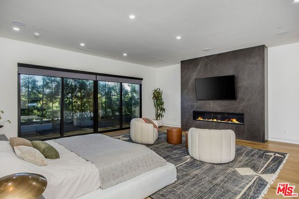 Bedroom, Fireplace, Interior, Marble Walls, Recessed Lighting, Wood Texture Flooring