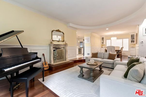 Dining room, Fireplace, Interior, Living room, Pendant Lights, Piano, Recessed Lighting, Wood Texture Flooring