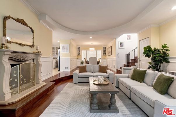 Dining room, Fireplace, Interior, Kitchen, Living room, Recessed Lighting, Wood Texture Flooring