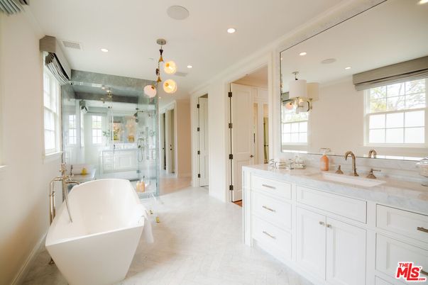 Bathroom, Dual Sink Vanities, Free Standing Baths, Glass Shower, Interior, Marble, Pendant Lights, Recessed Lighting