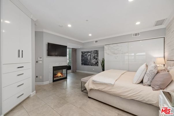 Bedroom, Fireplace, Interior, Marble Walls, Recessed Lighting