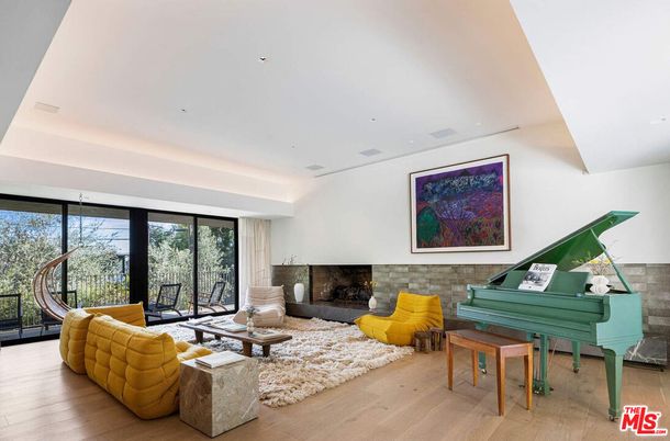 Fireplace, Interior, Living room, Piano, Recessed Lighting, Wood Texture Flooring