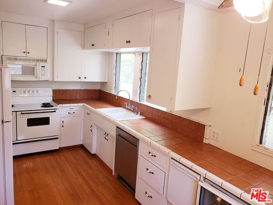 Interior, Kitchen, Tile Countertops, Wood Texture Flooring
