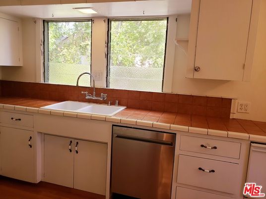 Interior, Kitchen, Tile Countertops, Wood Texture Flooring