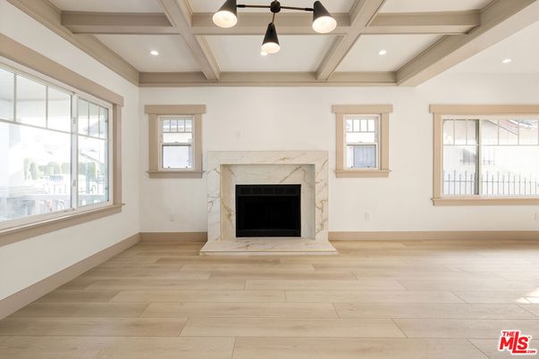 Fireplace, Interior, Pendant Lights, Recessed Lighting, Wood Texture Flooring